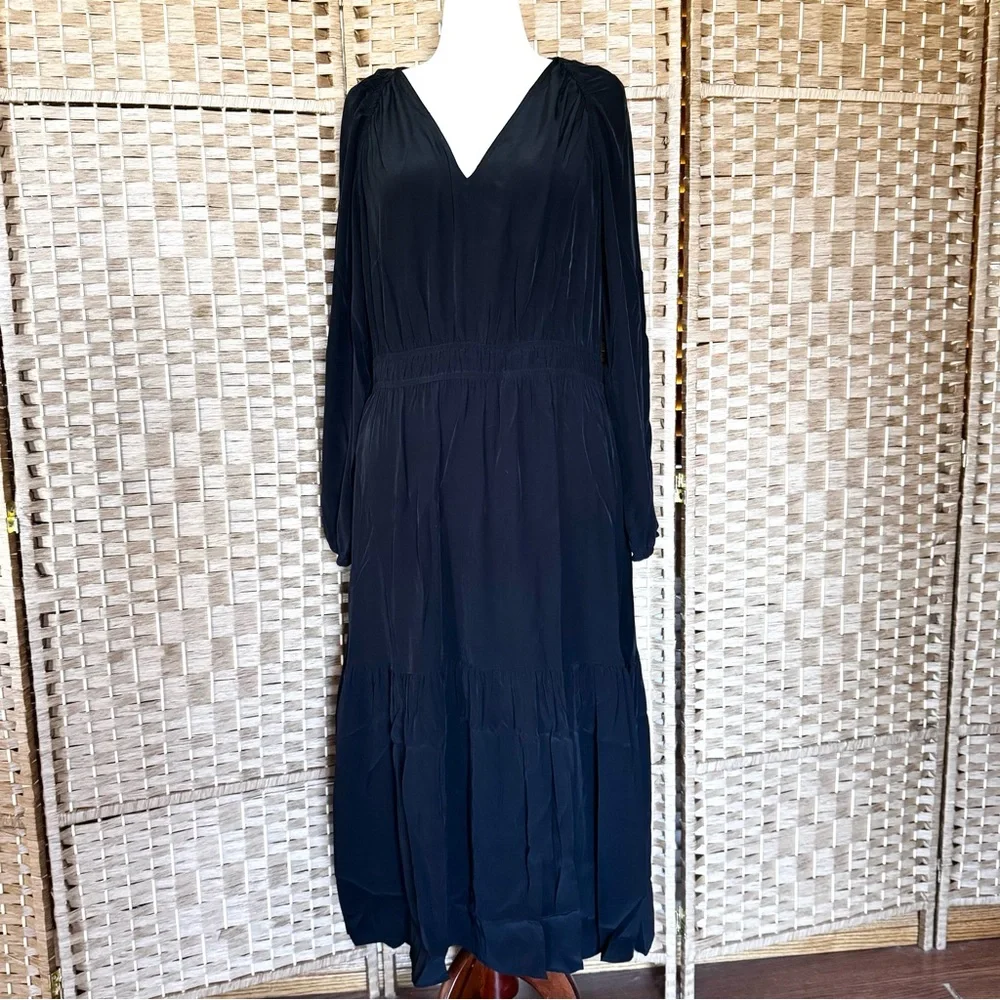 NWT Loft black shirred midi dress L - Picture 2 of 14